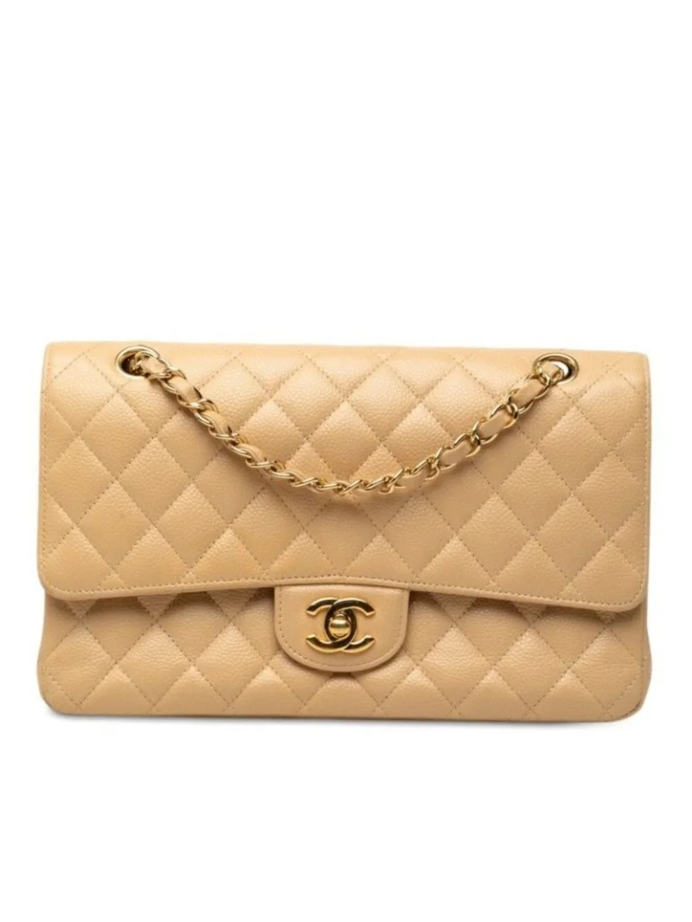 Chanel CC Logo Quilted 25 Chain Shoulder Bag Beige Caviar Leather